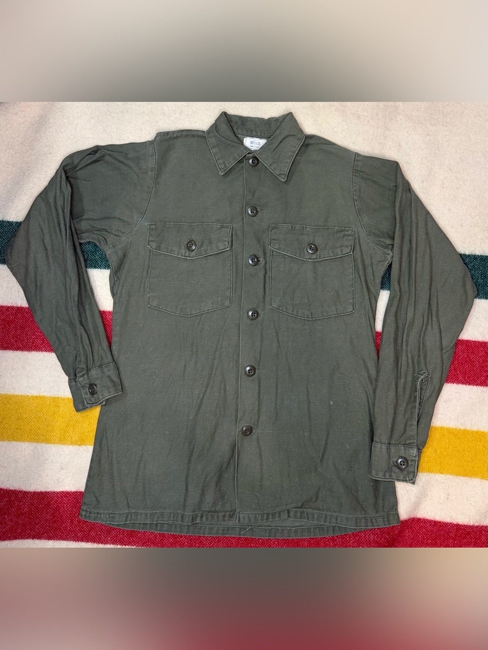 VTG 70s Vietnam Era OG 107 Cotton Sateen Long Sleeve Utility Shirt Size LG